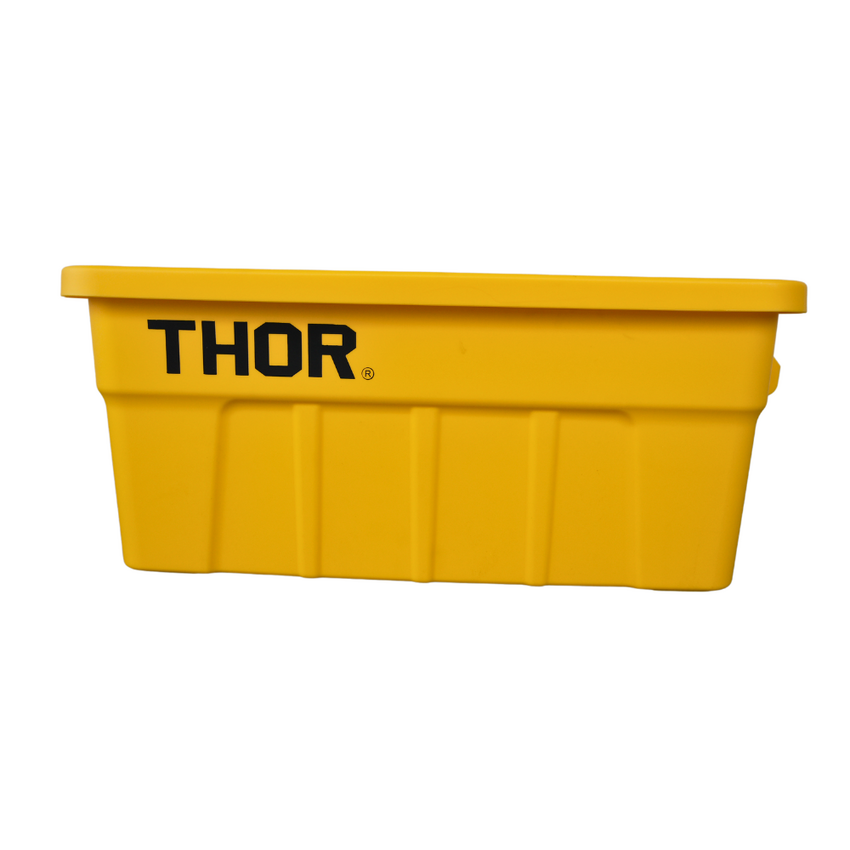 Front view of a yellow plastic storage container with a ribbed sides and 'THOR' logo, featuring side handles.
