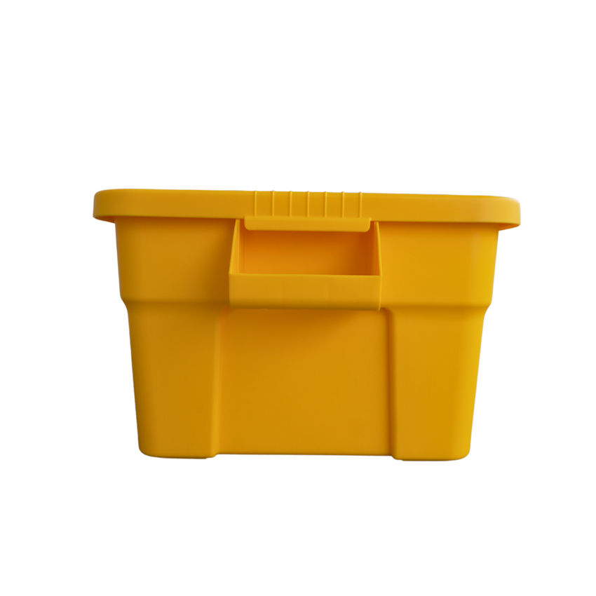 Side view of yellow storage container facing the easy to grip handles.