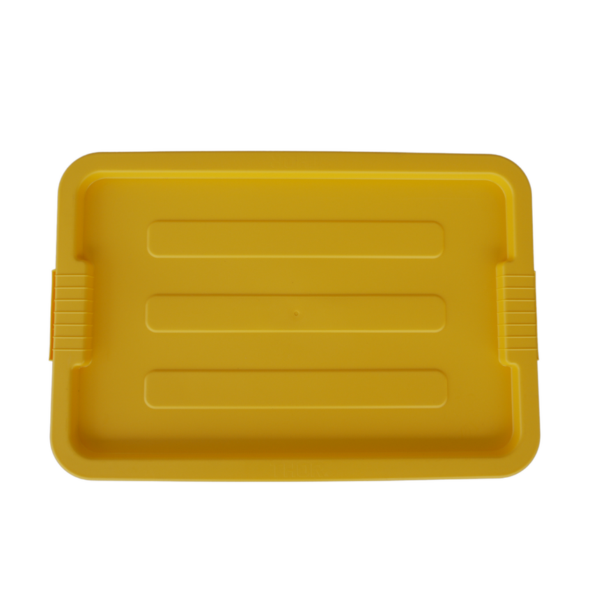 Above view of a yellow storage container looking at the ribbed lid design.