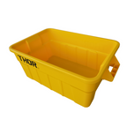 Side view of a large yellow storage container with the lid off, side handles for easy grip and "Thor" logo displayed.