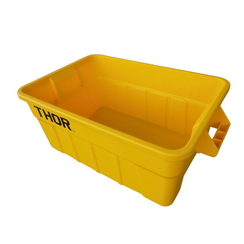Side view of a large yellow storage container with the lid off, side handles for easy grip and "Thor" logo displayed.
