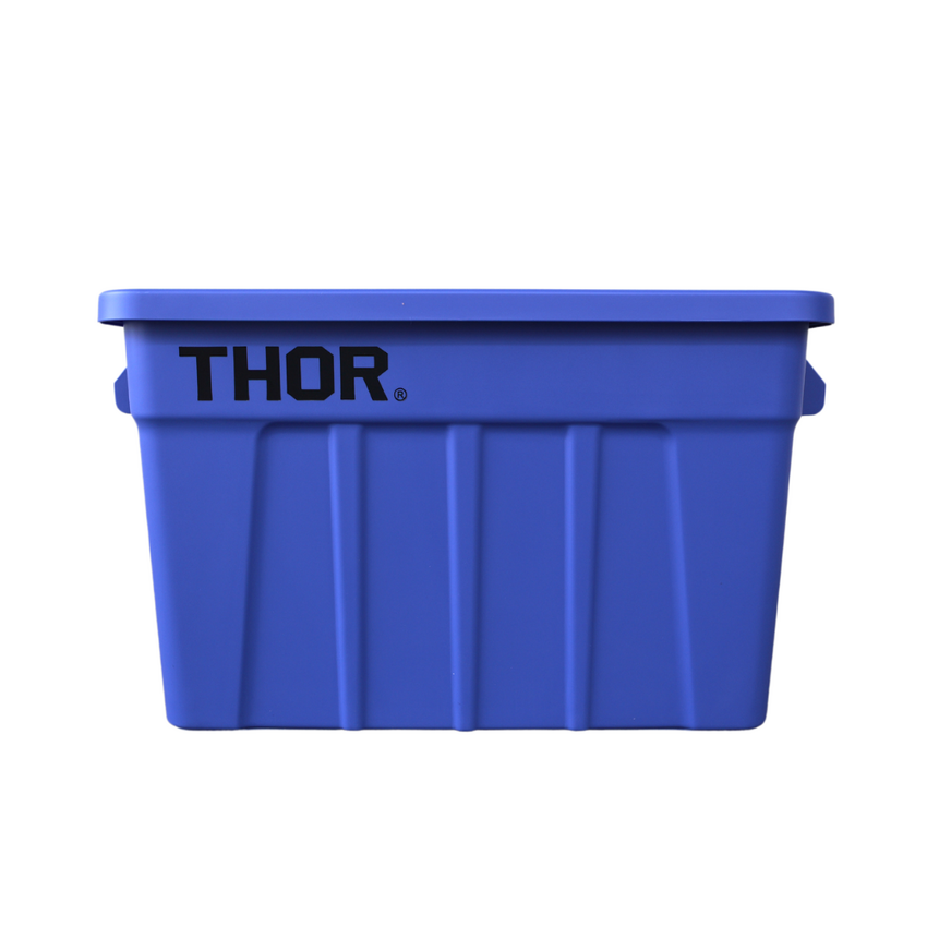 Front view of a blue plastic storage container with a ribbed sides and 'THOR' logo, featuring side handles.