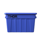 Front view of a blue plastic storage container with a ribbed sides and 'THOR' logo, featuring side handles.