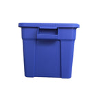 Side view of blue storage container facing the easy to grip handles.