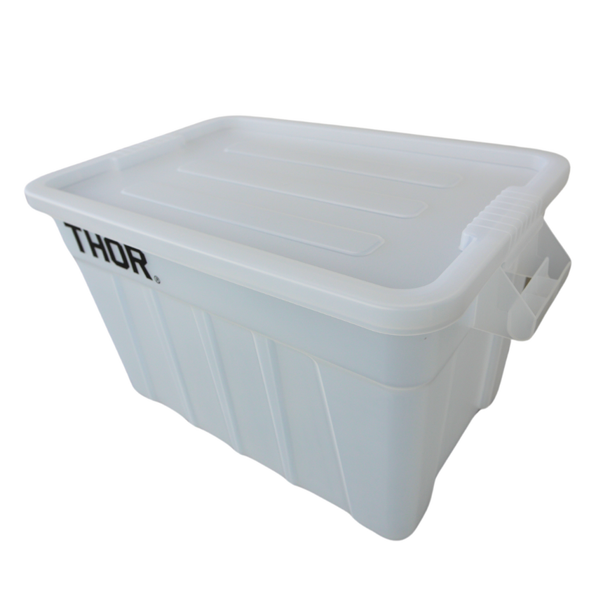 Clear plastic storage bin with a lid, featuring the word "THOR" printed on the side. Ideal for organising various items.