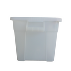 Side view of a transparent plastic storage container with a handle, showcasing a simple, minimalist design suitable for organising items.