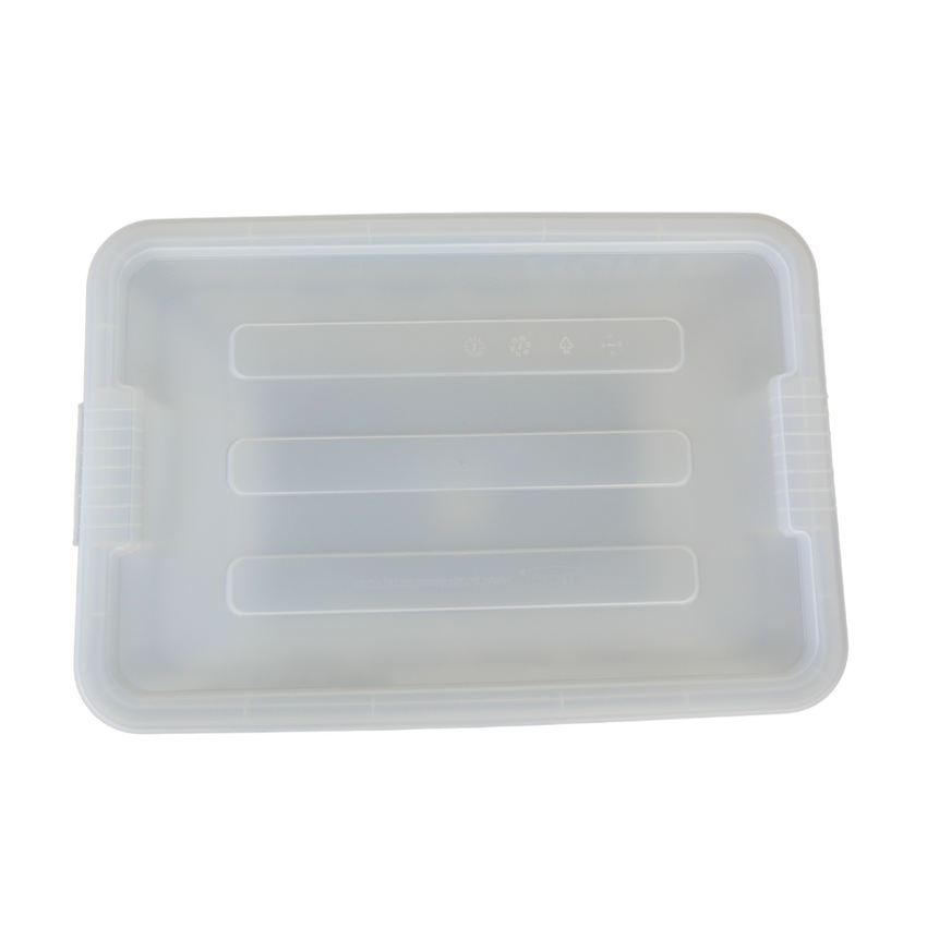Top view of a clear plastic lid container with textured lines, featuring grip handles on the sides, ideal for food or utility use.