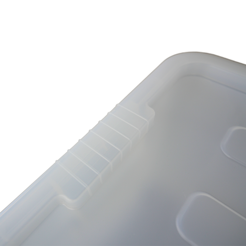 Close-up of a clear plastic storage container lid featuring textured grip areas for easy handling.