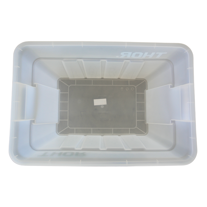 An above photo of a clear empty storage container featuring smooth edges.