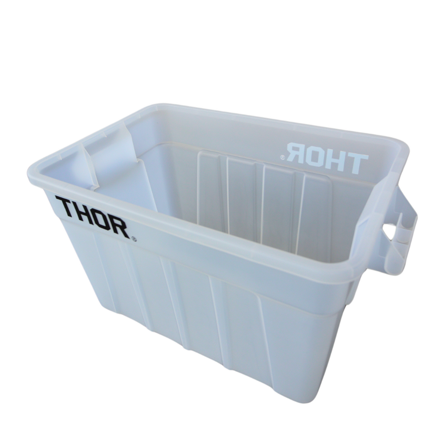Clear plastic storage container with THOR branding, featuring side handles and a ribbed interior for added durability.