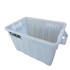 Clear plastic storage container with THOR branding, featuring side handles and a ribbed interior for added durability.
