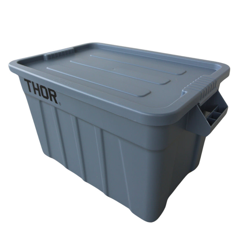 Grey plastic storage bin with a flat lid and handles, featuring a black "THOR" logo on the front. Ideal for organising items.