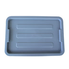 Top view of a grey plastic lid container with textured lines, featuring grip handles on the sides, ideal for food or utility use.