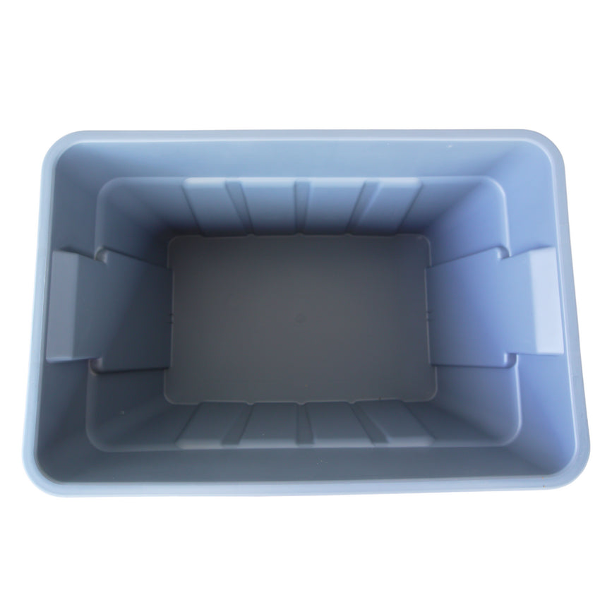 A grey rectangular plastic container, viewed from above, featuring smooth walls and no lid, suitable for storage or organisation.