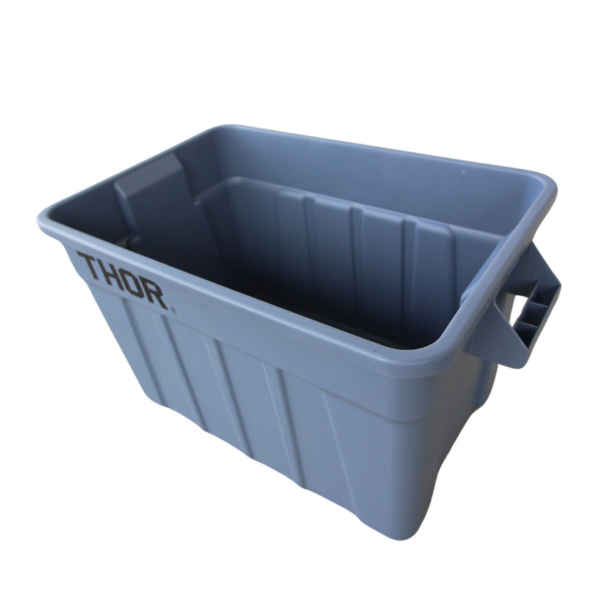 Grey plastic storage bin with "THOR" logo, featuring vertical ridges and side handles for easy carrying.