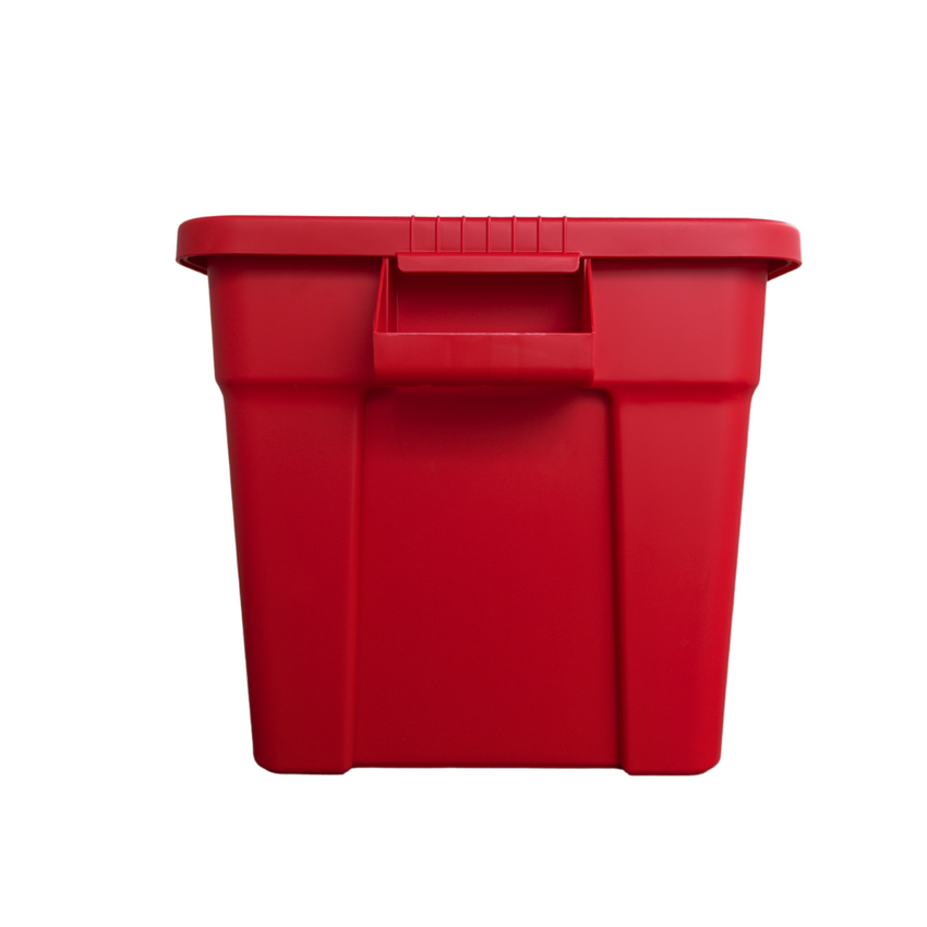 A bright red plastic storage bin with a handle, set against a white background, ready for organisation or storage.