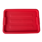 Red plastic tray with textured lines, featuring grip handles on the sides, ideal for food or utility use. Top view on a white background.