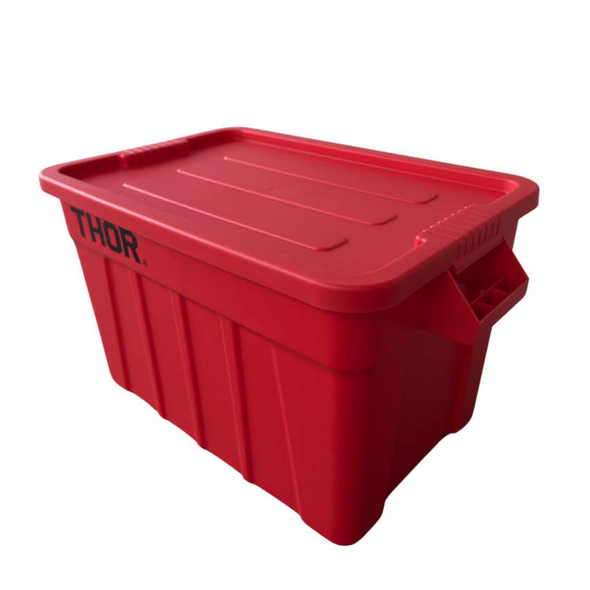 Red plastic storage bin with a flat lid and handles, featuring a black "THOR" logo on the front. Ideal for organising items.