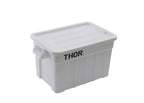 White plastic storage bin with a flat lid and handles, featuring a black "THOR" logo on the front. Ideal for organising items.