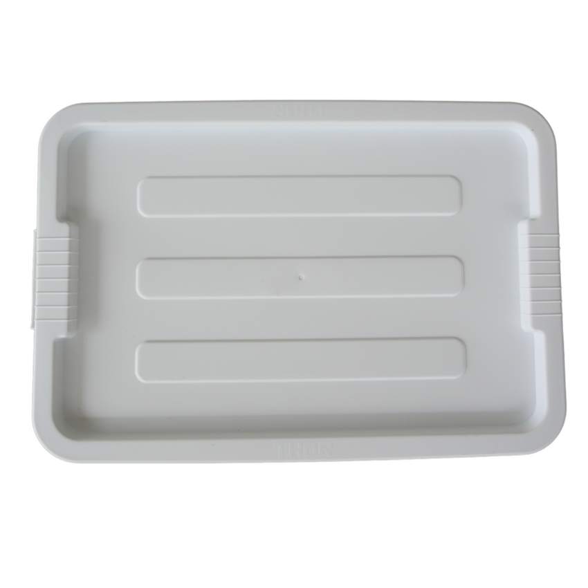 White plastic tray with textured lines, featuring grip handles on the sides, ideal for food or utility use. Top view on a white background.