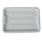 White plastic tray with textured lines, featuring grip handles on the sides, ideal for food or utility use. Top view on a white background.