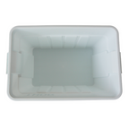 A white rectangular plastic container, viewed from above, featuring smooth walls and no lid, suitable for storage or organisation.
