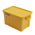 A bright yellow storage box with a lid and handles, featuring the brand name "THOR" printed in black on the front side.
