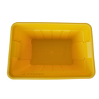 A bright yellow rectangular plastic box with smooth edges, viewed from above, showing its hollow interior.