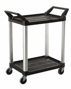 A black and silver two-tier cart with handles and wheels, designed for easy transport of items in various settings.