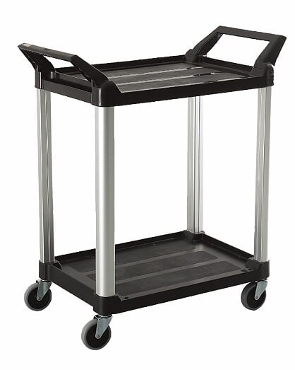 A black and silver two-tier cart with handles and wheels, designed for easy transport of items in various settings.