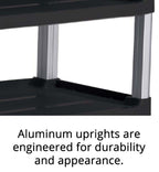 Close-up of a sturdy shelving unit featuring sleek aluminum uprights, highlighting their durability and modern design.