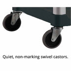 A close-up of swivel castors with a sleek design, showcasing their quiet operation and non-marking feature for easy mobility.