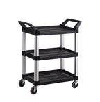 A black three-tier utility cart with aluminum frame and four wheels, designed for easy transport of items in various settings.
