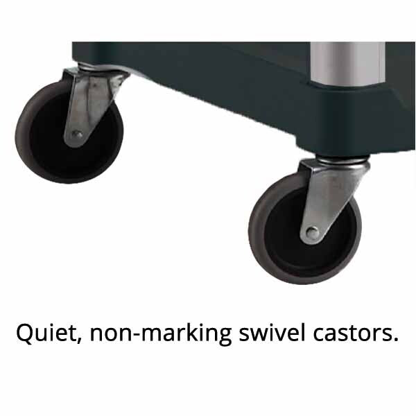 Close-up of quiet, non-marking swivel casters on a rolling cart, showcasing functionality and floor protection.