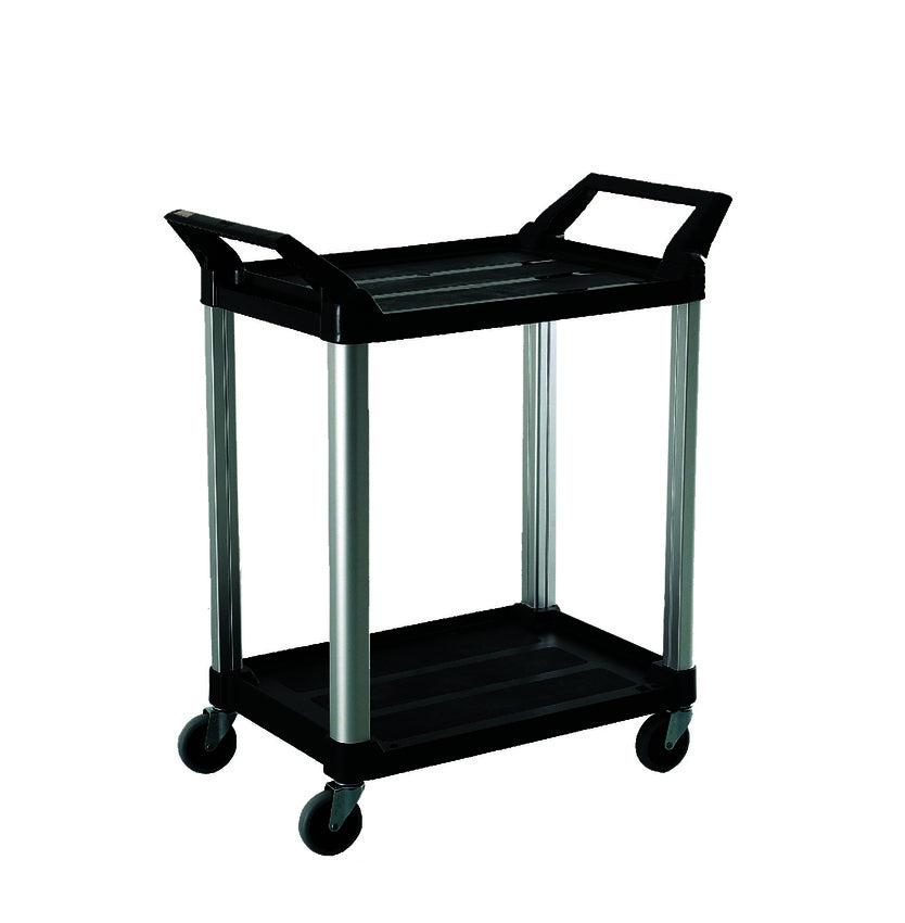 A black and silver two-tier cart with handles and wheels, designed for easy transport of items in various settings.