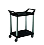 A black and silver two-tier cart with handles and wheels, designed for easy transport of items in various settings.