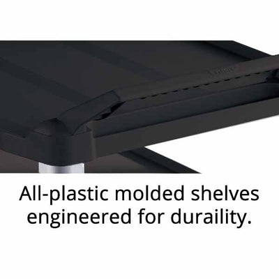 Close-up of all-plastic molded shelves designed for durability, featuring a sleek black surface and sturdy construction.