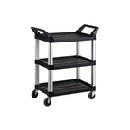 A black three-tier utility cart with aluminum frame and four wheels, designed for easy transport of items in various settings.
