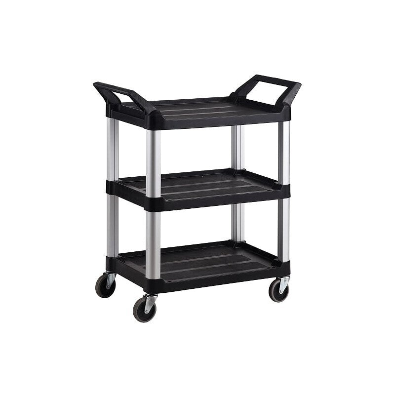 A black three-tier utility cart with aluminum frame and four wheels, designed for easy transport of items in various settings.