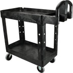 A sturdy black utility cart with two shelves and swivel wheels, ideal for transporting items in various settings.