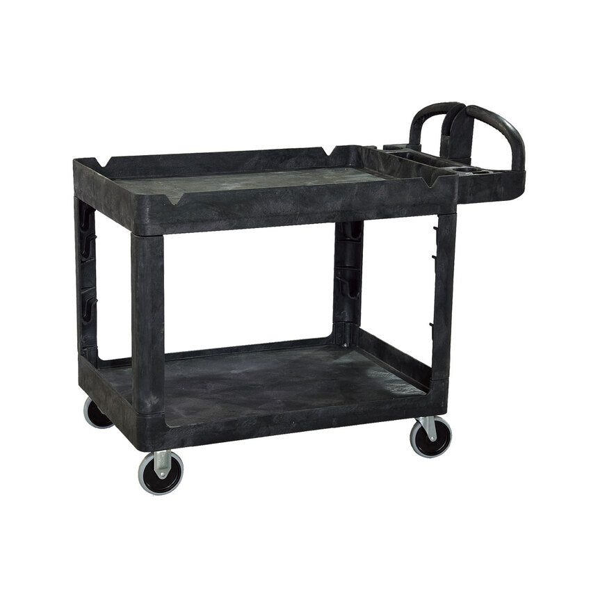 A sturdy black utility cart with two shelves, handles, and wheels for easy mobility in various environments.