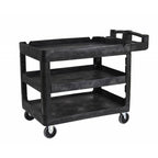 A sturdy, black, 3-shelf utility cart with wheels, designed for easy transport and storage of various items.