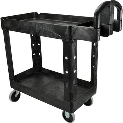 Black plastic utility cart with two shelves and handle, mounted on four caster wheels for easy mobility.
