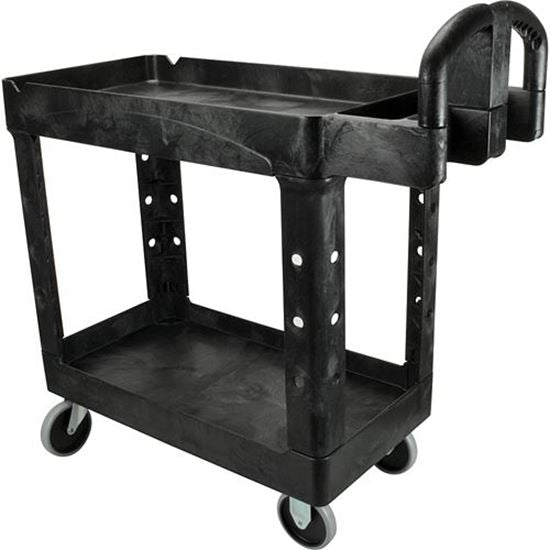 Black plastic utility cart with two shelves and handle, mounted on four caster wheels for easy mobility.