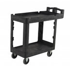 A sturdy black plastic utility cart with two shelves, a handle, and four wheels for easy mobility. Ideal for transporting items.
