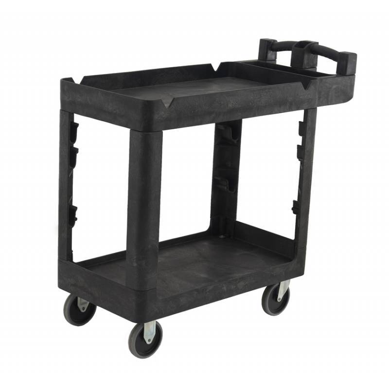 A sturdy black plastic utility cart with two shelves, a handle, and four wheels for easy mobility. Ideal for transporting items.