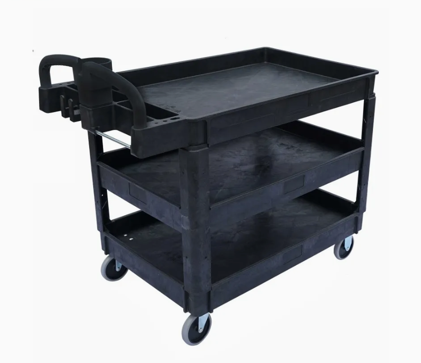 A sturdy black utility cart with three shelves and a handle, resting on four wheels for easy mobility. Ideal for transport and storage.