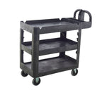 A sturdy black utility cart with three shelves and wheels, designed for easy transportation of items in various settings.