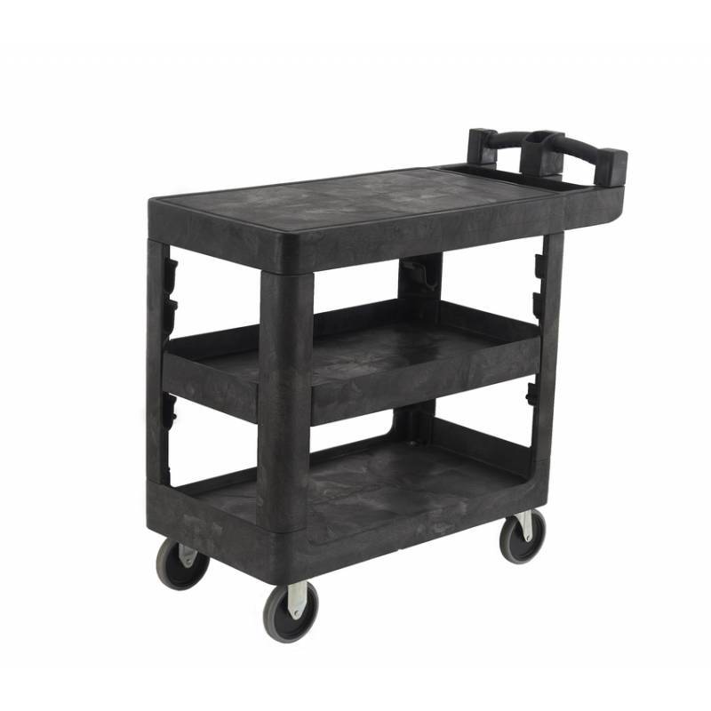A sturdy black utility cart with three shelves and wheels, designed for easy transportation of items in various settings.