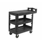 A sturdy black utility cart with three shelves and wheels, designed for easy transportation of items in various settings.